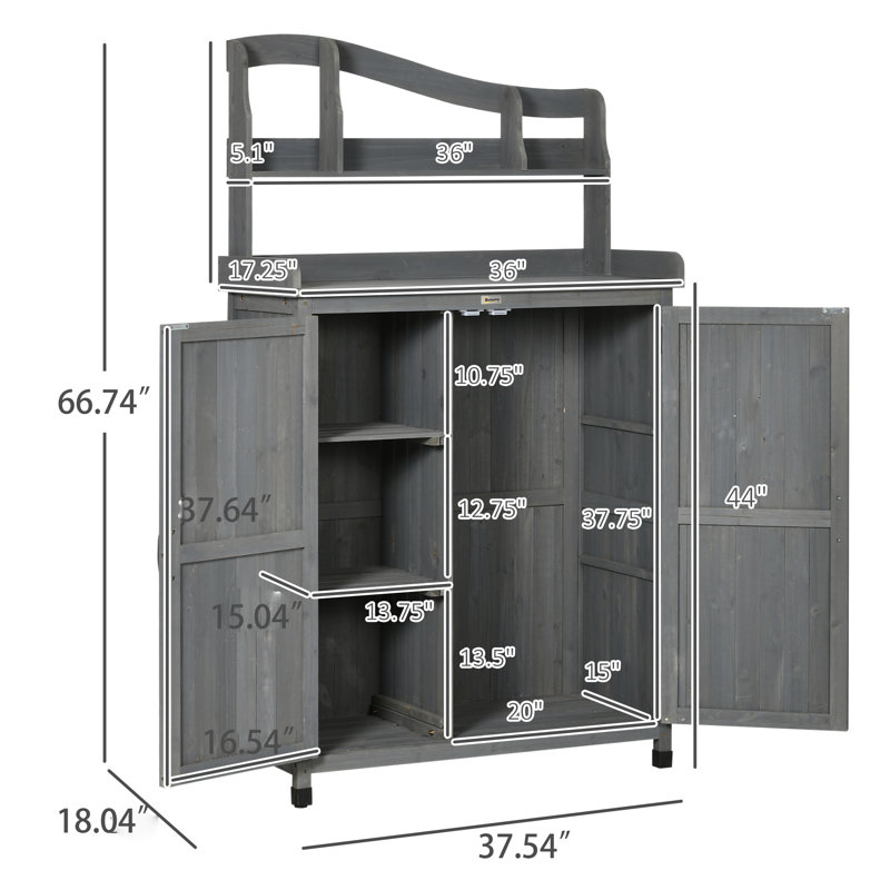 Table de rempotage Outsunny, armoire de rangement extérieure, banc de jardinage multifonctionnel, poste de travail en bois avec portes magnétiques, pour outils de jardin ou accessoires de piscine, gris