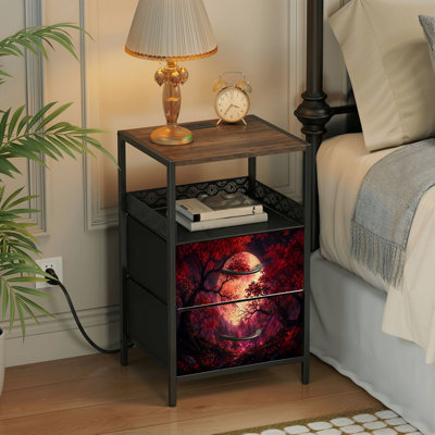 Table de chevet 2 tiroirs avec station de charge, table de chevet de chambre à coucher avec ports USB, tablette ouverte noire, table de chevet avec impression de paysage de nuit Crimson Forest
