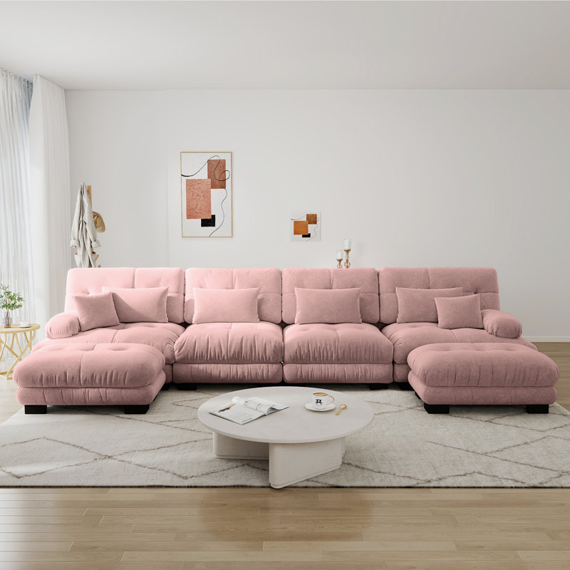 Canapé modulaire modulaire Cloud, 4 places avec 2 sièges Ottomam Chenille, siège profond et coussin pour le salon, Rose