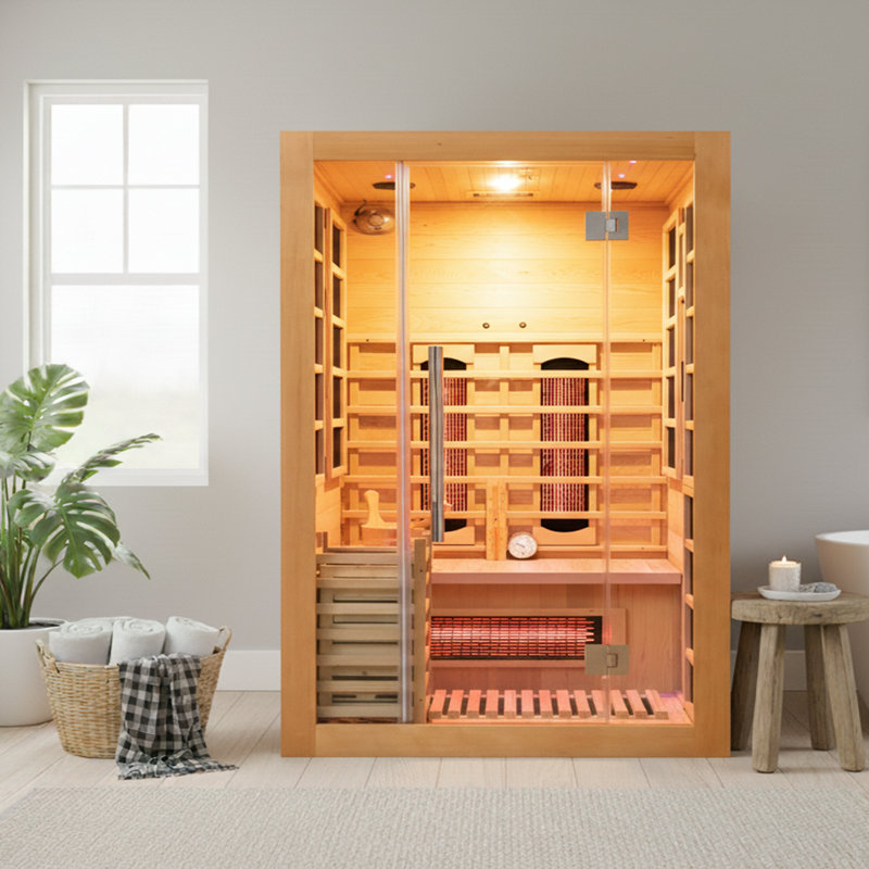 Smartmak® Combination Infrared and Steam Sauna Room with 3.5 KW Stove Heater, Luxurious Indoor Infrared Sauna Home with 7 Upgraded Heaters, Canadian Helmock, 51" L x 47" W x 75" H (No Backrest)