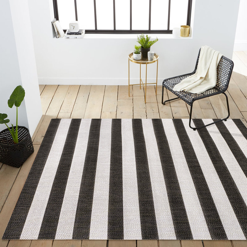 Haylia Two-Tone Wide Stripe Black/Cream Indoor/Outdoor Rug, Rectangle 7'10" x 10'