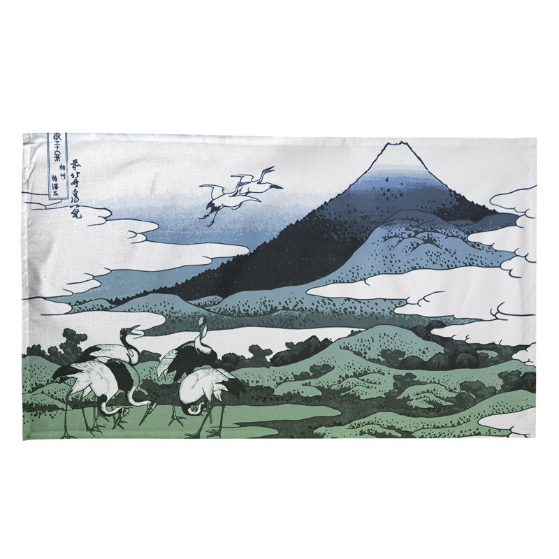 Serviette de thé japonaise grues, Bleu / Vert, Polyester sergé