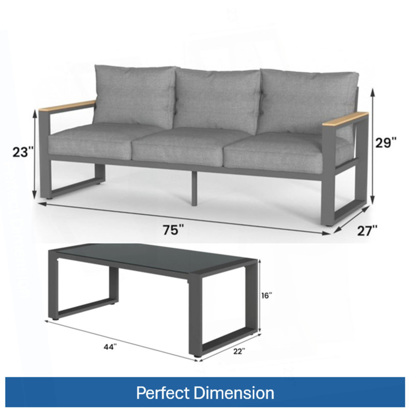 Ensemble de canapé d'extérieur 2 pièces 3 pièces, canapé d'extérieur 75 pouces 3 places en aluminium avec coussins gris épais et table basse en verre 44 po