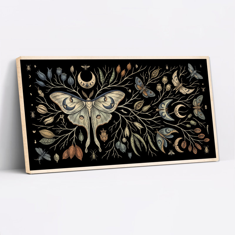 Grande toile murale représentant des branches botaniques, un papillon de nuit et un croissant de lune, L 58 po x H 28 po