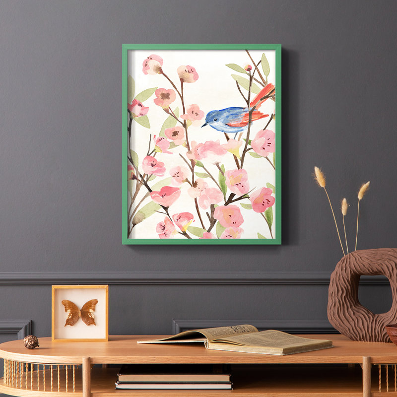 «Cherry Blossom Perch II», reproduction encadrée - bois massif, Vert, H 10 po x l 8 po