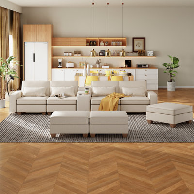 144.93" U Shaped Modular Sectional Sofa 7 Seats with Storage Seat and Console Table