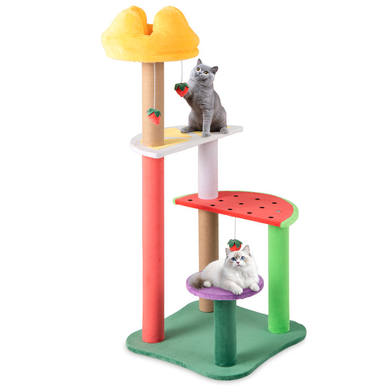 45'' Tall Cat Tree w/ Plush Padded Top Perch Fruit-Shaped Platforms Dangling Balls