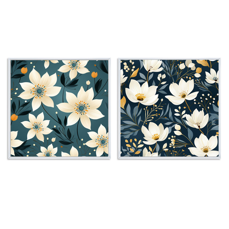 Erine - Ensemble de 2 collages carrés floraux, H 16 po x l 33 po, Cadre flottant blanc