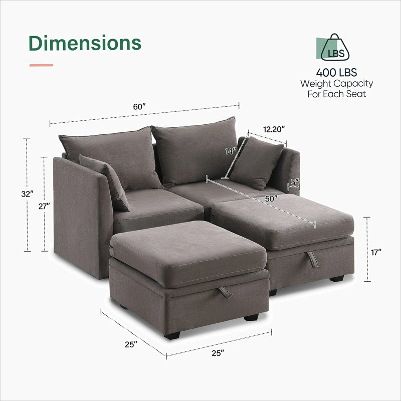Canapé modulaire modulaire en U avec canapé et rangement, Lin gris