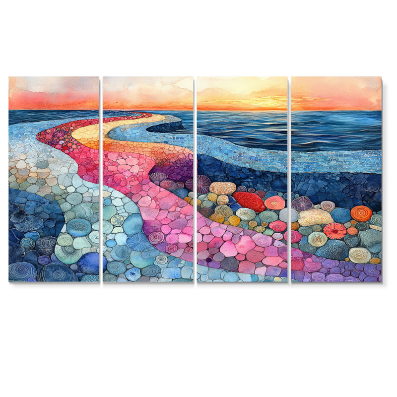 Bord de mer dans des tons roses et bleus - ensemble d'impression d'art mural côtier, H 28 po x l 48 po