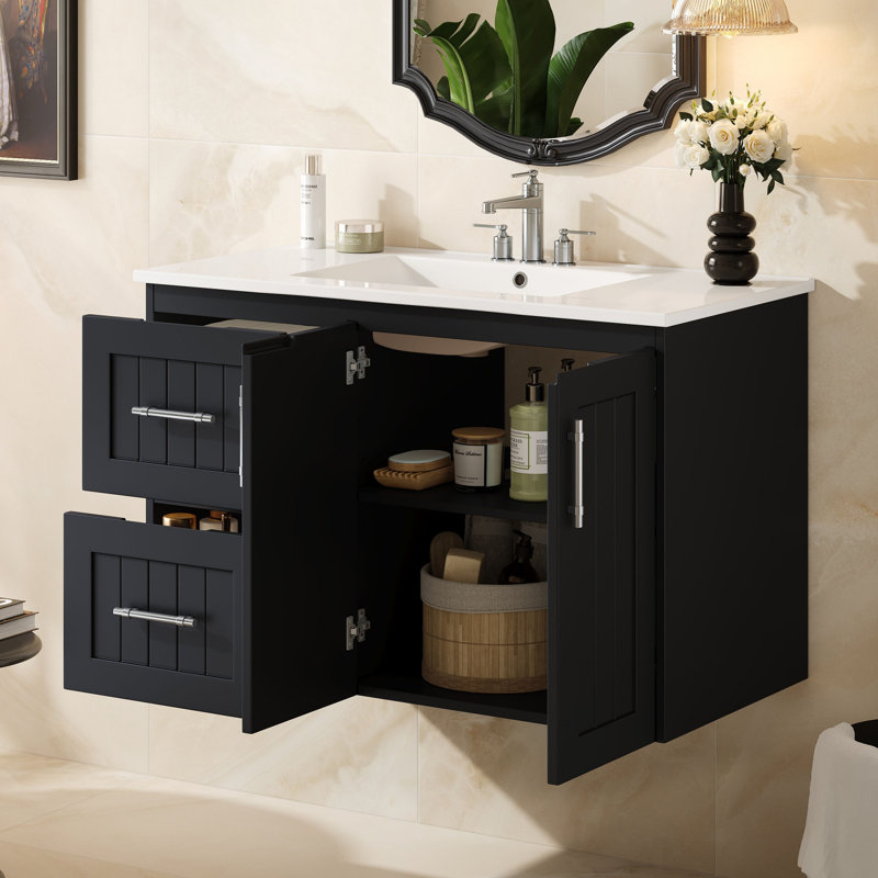 Meuble-lavabo flottant mural 36 po avec 2 tiroirs et lavabo simple en céramique 36 po | Idée de cadeau, Noir
