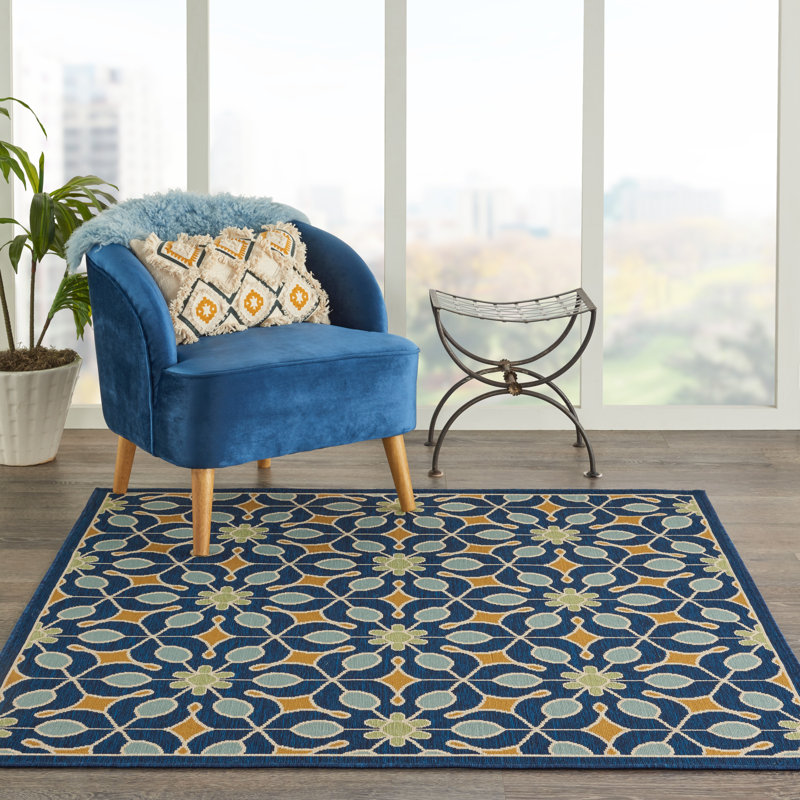 Palermo Geometric Navy/Blue/Gold Indoor/Outdoor Area Rug, Square 5'3"