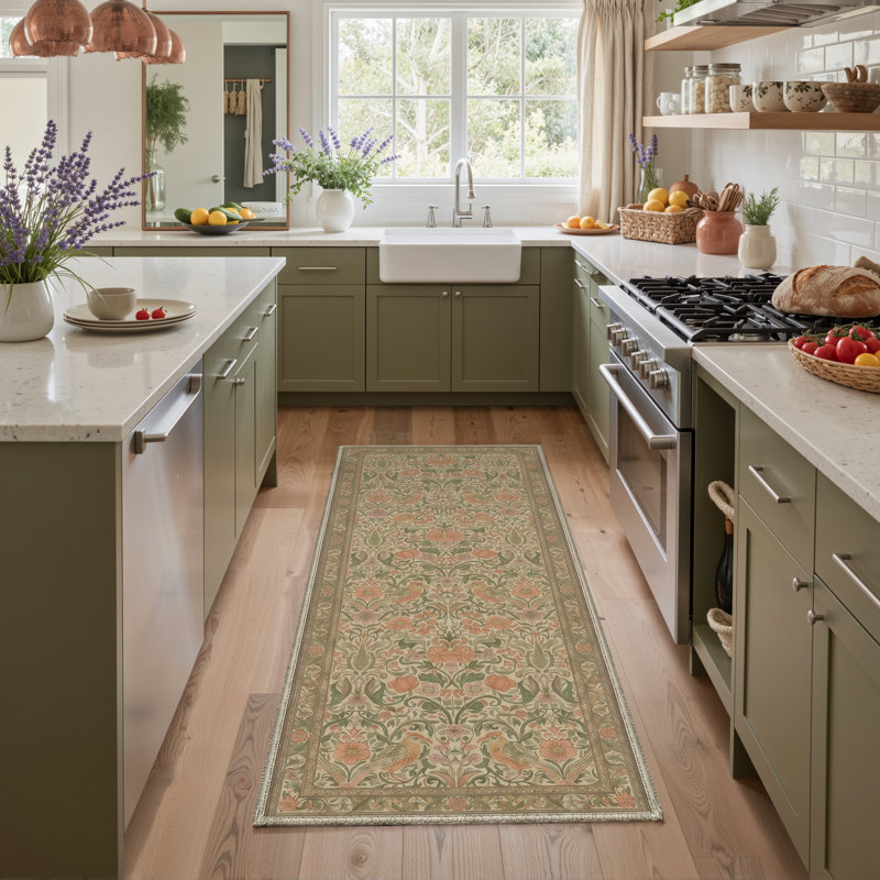 Avianora Floral Machine Washable Green / Beige Indoor Area Rug with Non-Slip Backing, Runner 2'3" x 6'
