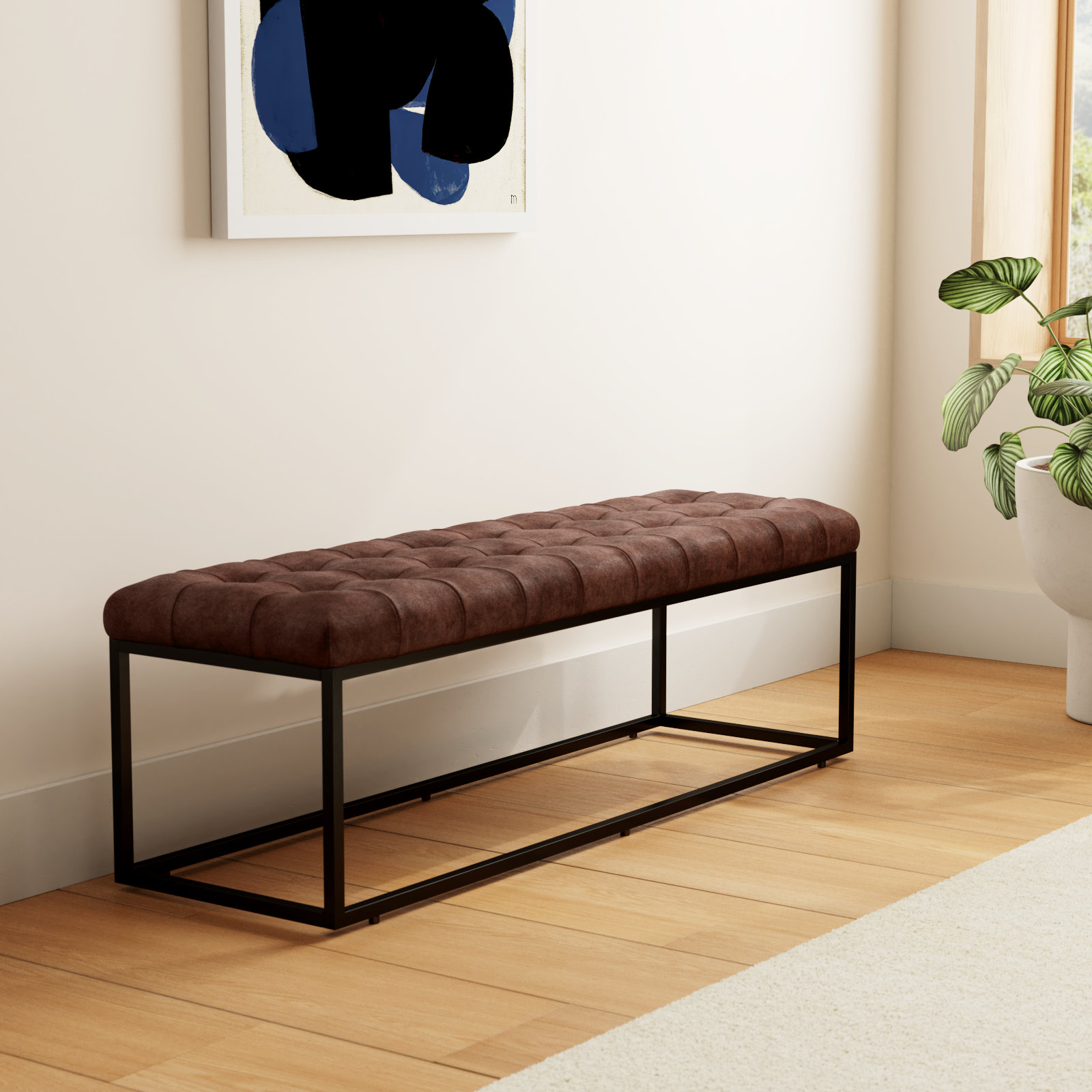 Pearson 50"-55" Genuine Leather Bench, Dark Sienna Top Grain Leather, 17.5" H x 55" W x 17" D
