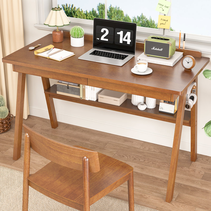 100% Solid Wood Desk With Drawers & Storage Shelf - 40 X 24 Inch Mid Century Modern Desks, Vintage Writing Desk With Deeper Desktop, Home Office Computer Desks For Bedroom & Home-walnut Color