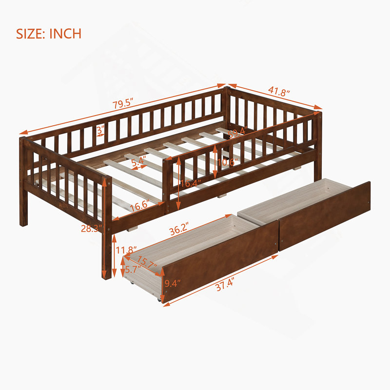 Kallel Daybed with Two Drawers and Guardrails, Twin, Walnut