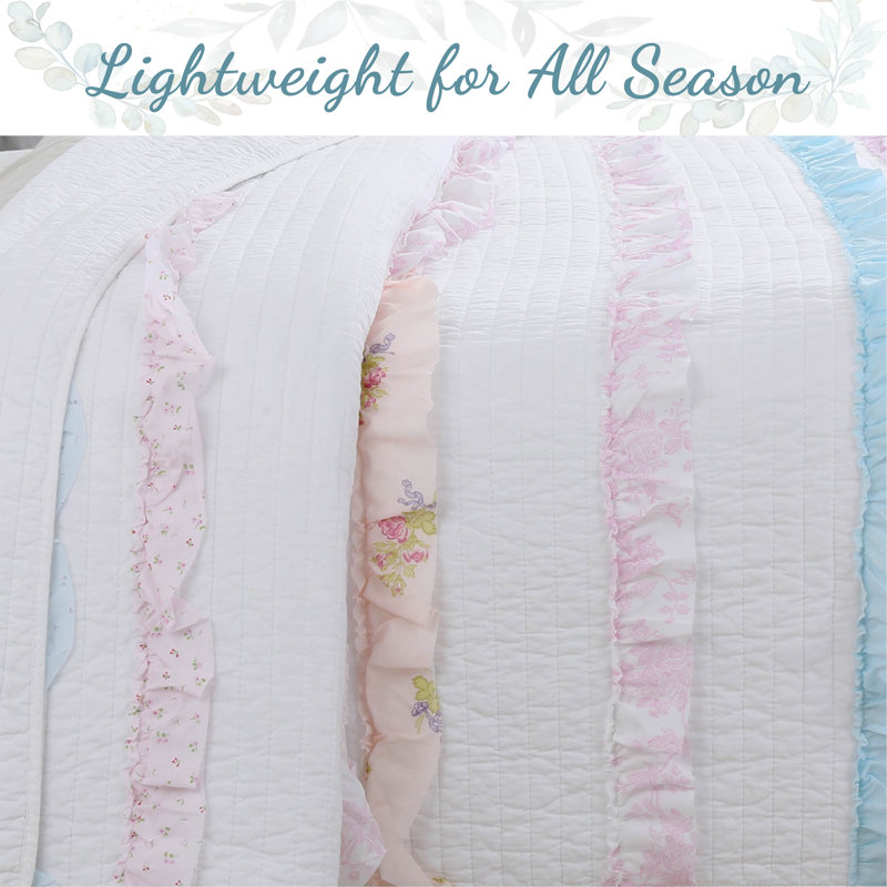 Ensemble de courtepointe réversible 100% coton blanc / bleu / rose , Courtepointe pour grand lit + 2 taies décoratives