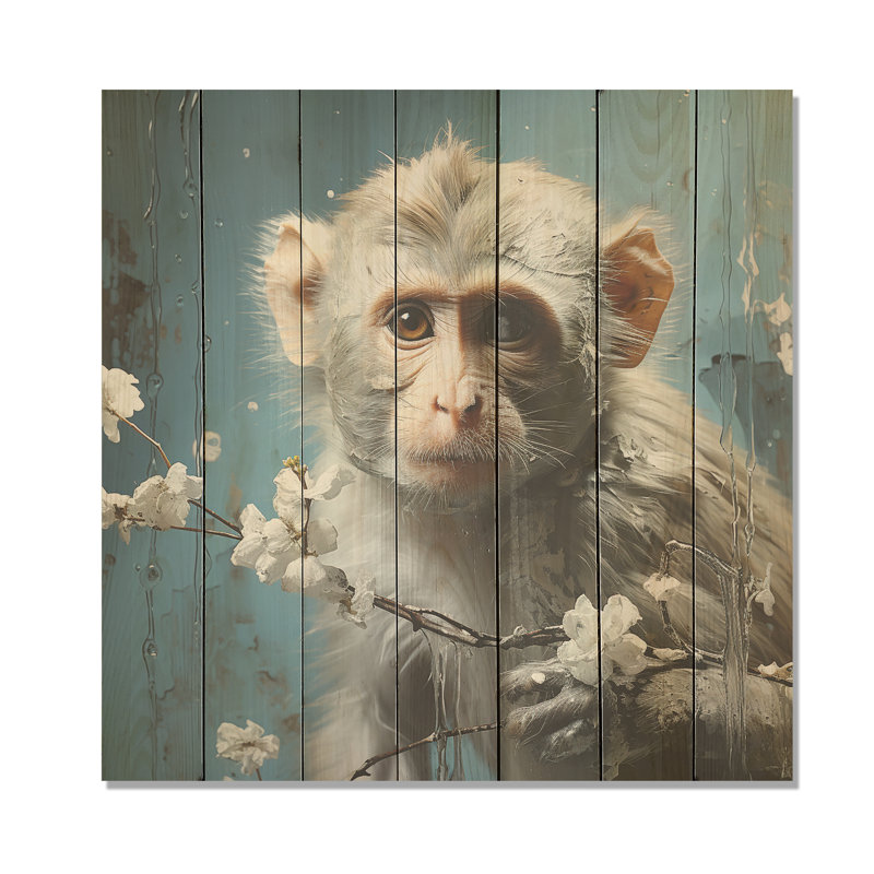 Singe polaire blanc - voyage II - animal singe sur bois, H 15 po x l 15 po