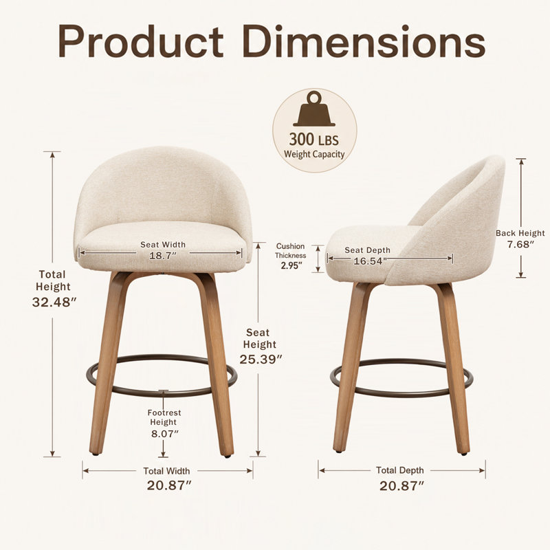 Tabourets de bar pivotants en velours Louise, Beige, Counter Stool (25.39" Seat Height)