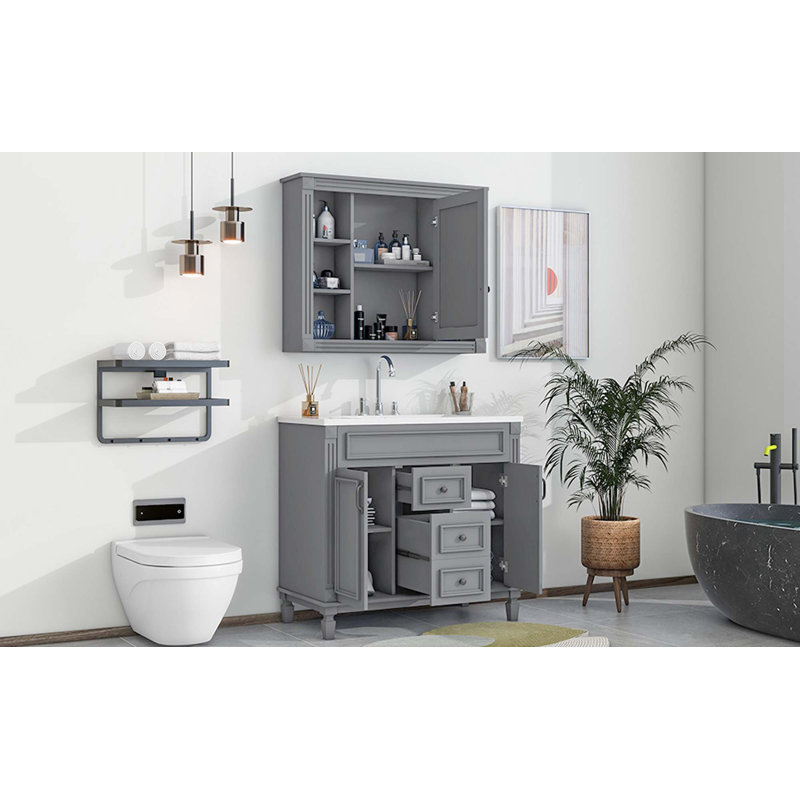 Meuble-lavabo de salle de bain avec lavabo supérieur, armoire à miroir, armoire de rangement moderne avec 2 portes à fermeture douce et 2 tiroirs, meuble-lavabo simple