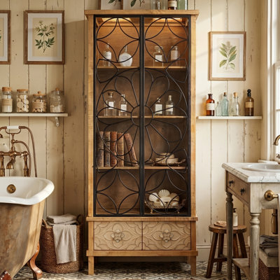Farmhouse Bathroom Linen Cabinet With LED Lighting, Tempered Glass Doors & Storage Drawer, Tall Bathroom Storage Cabinet In Rustic Wood Finish
