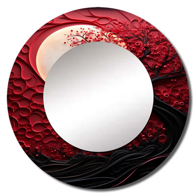 Red Moon Ruby Radiance - Moon Decorative Mirror, Red Round Wall Mirror, Printed Metal Art