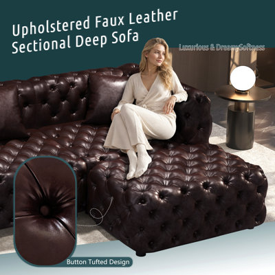 Ensemble de canapé modulaire en forme de L de 132,5 po, canapé modulaire 5 places rembourré en similicuir avec conception touffetée à la main pure, 1 repose-pieds et 5 coussins, combinaison multiple pour le salon