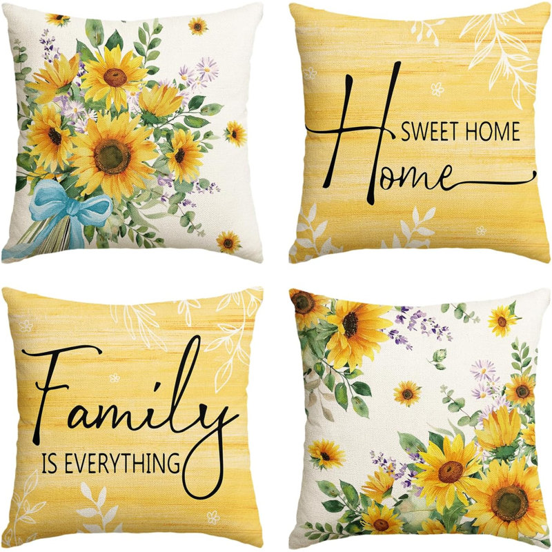 Ensemble de 4 housses de coussin d'été en tournesol, "home Sweet Home" et housses de coussin décoratives en eucalyptus pour canapé, canapé, décor de maison de campagne