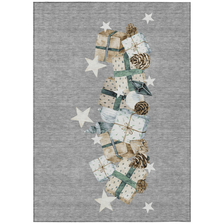 Machine Washable Indoor/Outdoor Christmas Presents Xhevrie Gray Rug