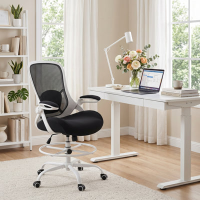Chaise de dessinateur ergonomique avec support lombaire réglable, repose-pieds et accoudoirs rabattables, chaise de bureau à hauteur de comptoir en filet pour la maison et le bureau