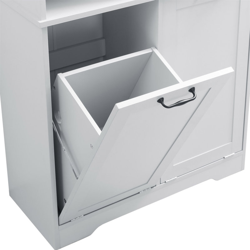 Armoire de rangement pour salle de bain avec portes et tiroirs, panier à linge inclinable, plusieurs espaces de rangement, style autoportant, tablette ouverte, tablette réglable, gris