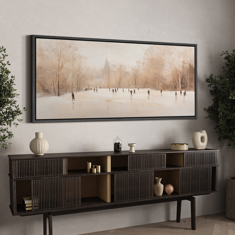 Large Framed Canvas Print Wall Art - Skaters on Frozen Lake Vintage Winter Scene Print for Christmas Holiday Decor, Black