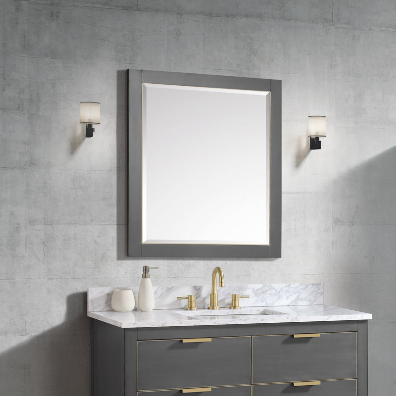 Mason Rectangle Solid Wood Beveled Mirror, Twilight Gray w/ Matte Gold, 32" H x 28" W