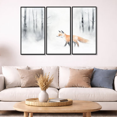 Winter Fox Wall Art, Woodland Canvas - Little Winter Fox Wanderer 3 Piece Framed Canvas Wall Art Set Traditional Nature Decor