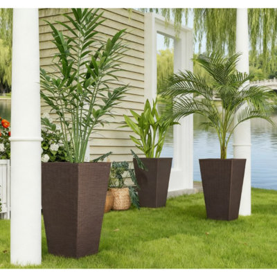 Ensemble de 3 jardinières d'extérieur en PP de style rotin brun avec trous de drainage pour l'extérieur P 14,3 po x l 14,3 po x H 24 po