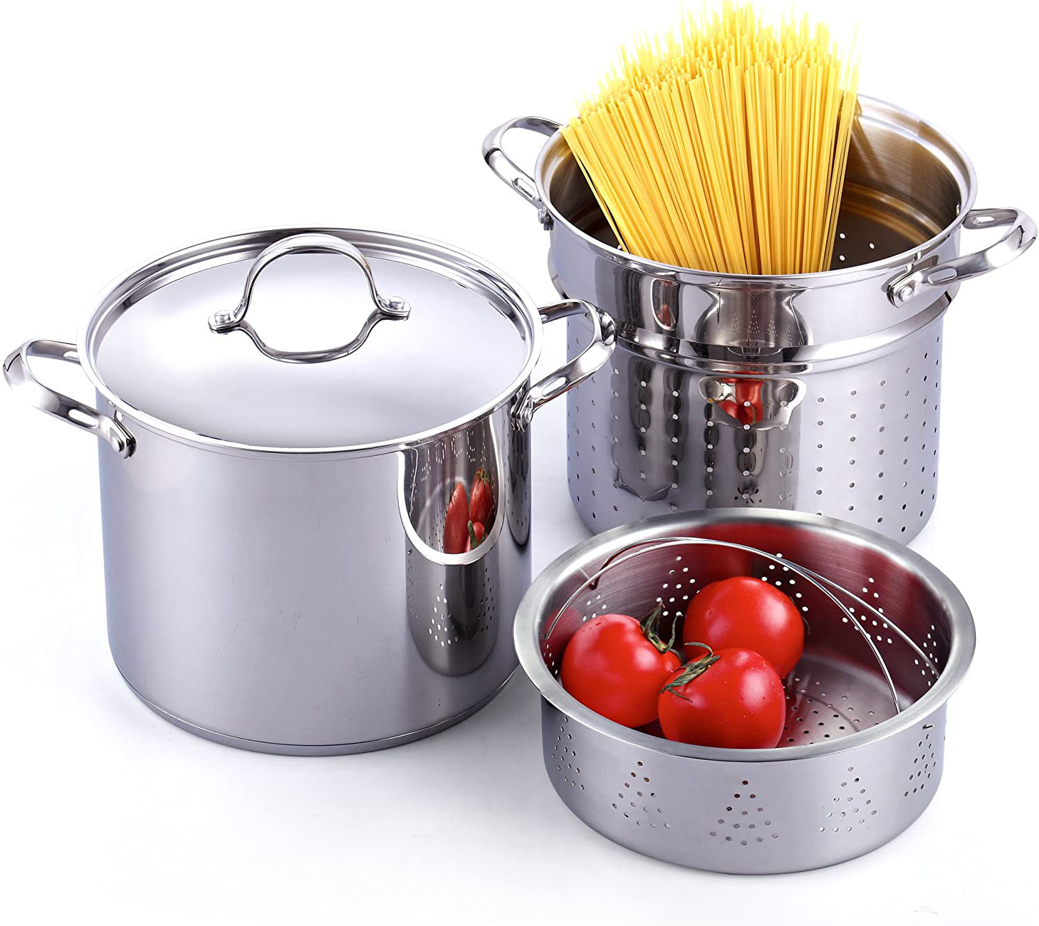 Winco Pasta Cooker Set with 4 Stainless Steel Inserts, Aluminum, 20 Quart