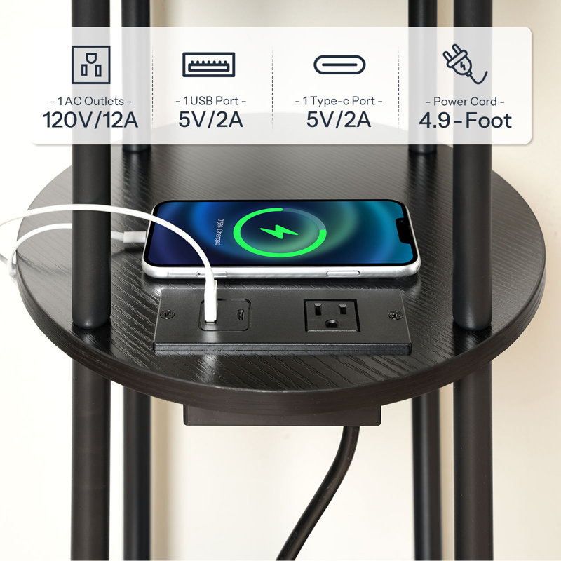 Round End Table with Charging Station, Black