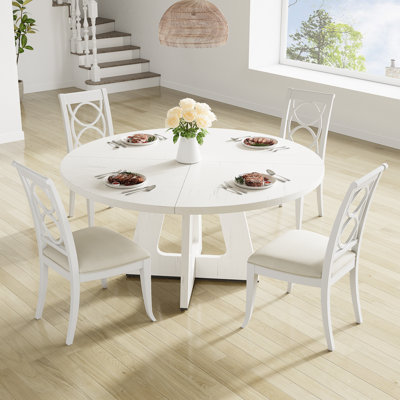 47" Round Farmhouse Dining Table for 4-6 – Solid Wood Top & Cross Pedestal Base – Antique White