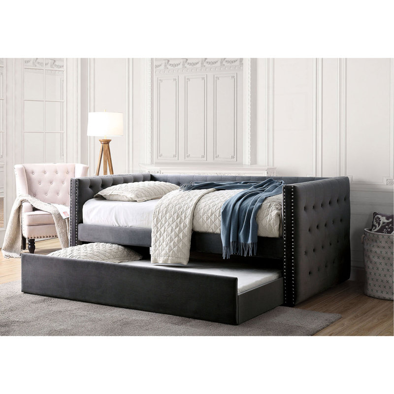 Gray Transitional - Style Daybed With Trundle Featuring Padded Button Flannelette Upholstery, Nailhead Trim And Design, Slat Kit Present Trundle, Upholstery Presented