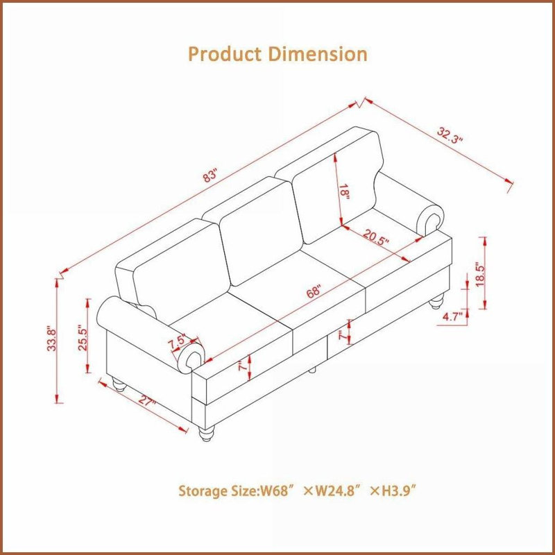 Canapé de 83 po à 3 places en similicuir américain avec rangement et amp; Housses amovibles | Brun | Similicuir | Accoudoirs ronds