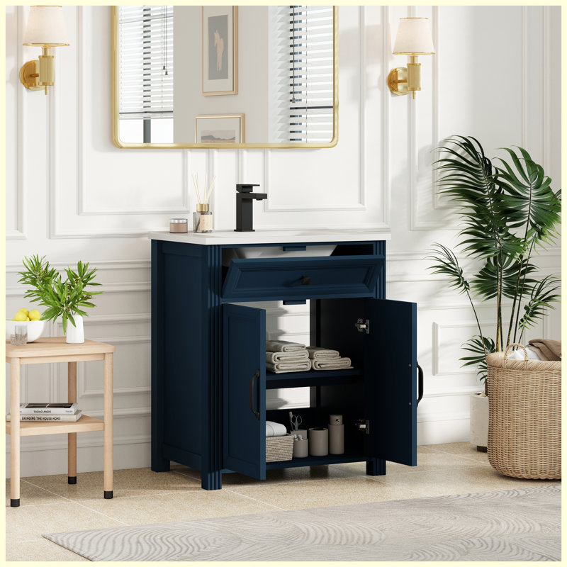 Meuble-lavabo autoportant moderne de 70,6 cm (27,8 po) avec lavabo, finition peinte de style milieu du siècle, armoire de rangement avec tiroir à couvercle rabattable