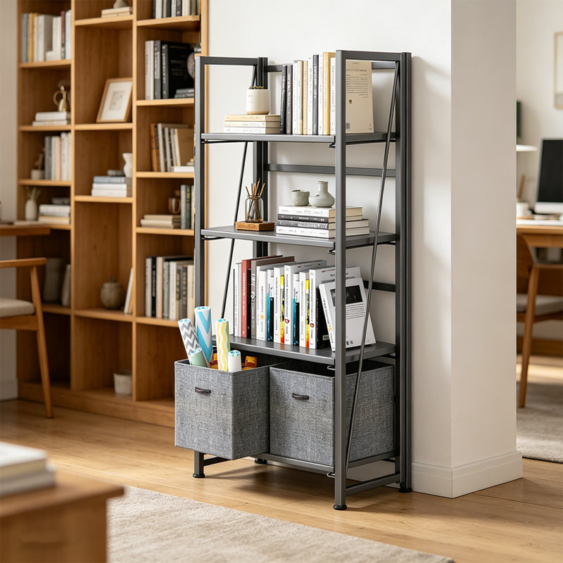 Bibliothèque pliante, étagère de rangement à 4 niveaux pour bureau à domicile, sans assemblage, Noir