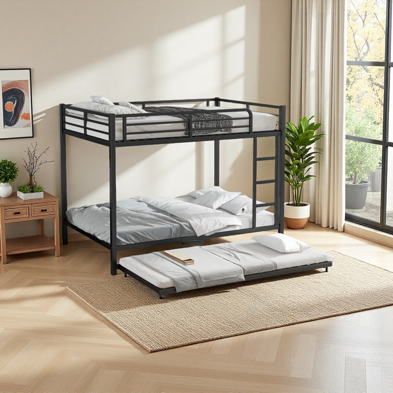 Metal Bunk Bed With Trundle, Black, Full over Full