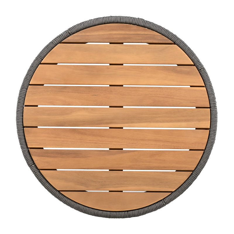 Ensemble de 2 tables rondes d'extérieur 2 pièces, table basse de 26 po et table d'appoint de 15 po en bois d'acacia d'aspect teck, corde grise et structure en fer naturel pour le bord de la piscine