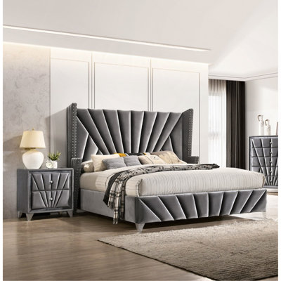 Bedroom Wingback Headboard 1Pc Eastern King Size Bed Furniture Gray Fabric Upholstered Unique Bed