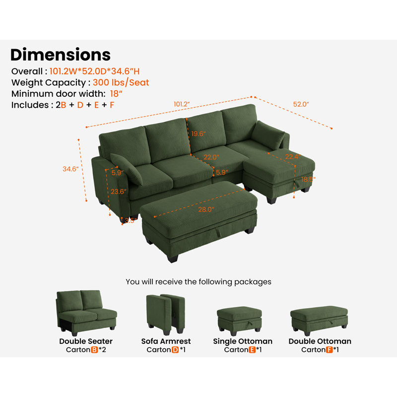 Latitude Run® Modular Sectional Couch| Corduroy Sofa Bed Convertible Chaise With Storage Ottoman For Living Room Modern Furniture, 7 Seater Sleeper