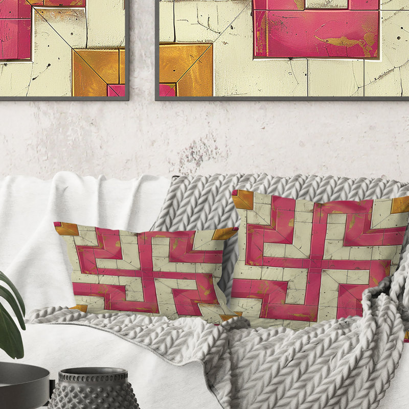 Coussin rose et beige Midcentury Maze II - Midcentury, H 16 po x l 16 po