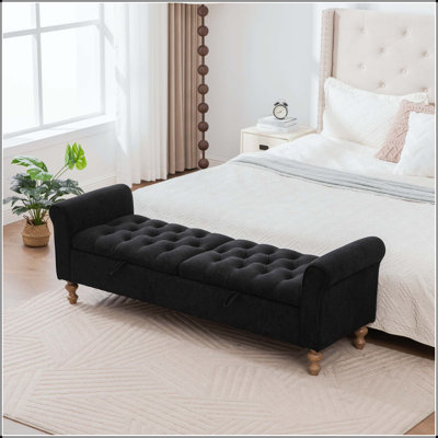 Banc de rangement rembourré 65,75 "avec double couvercle et accoudoirs roulés - noir