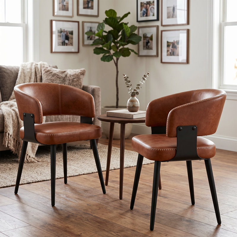 Mid-Century Modern Dining Chairs, Faux Leather Upholstered with Arms, Water-Resistant and Metal Legs, 6, Medieval Brown
