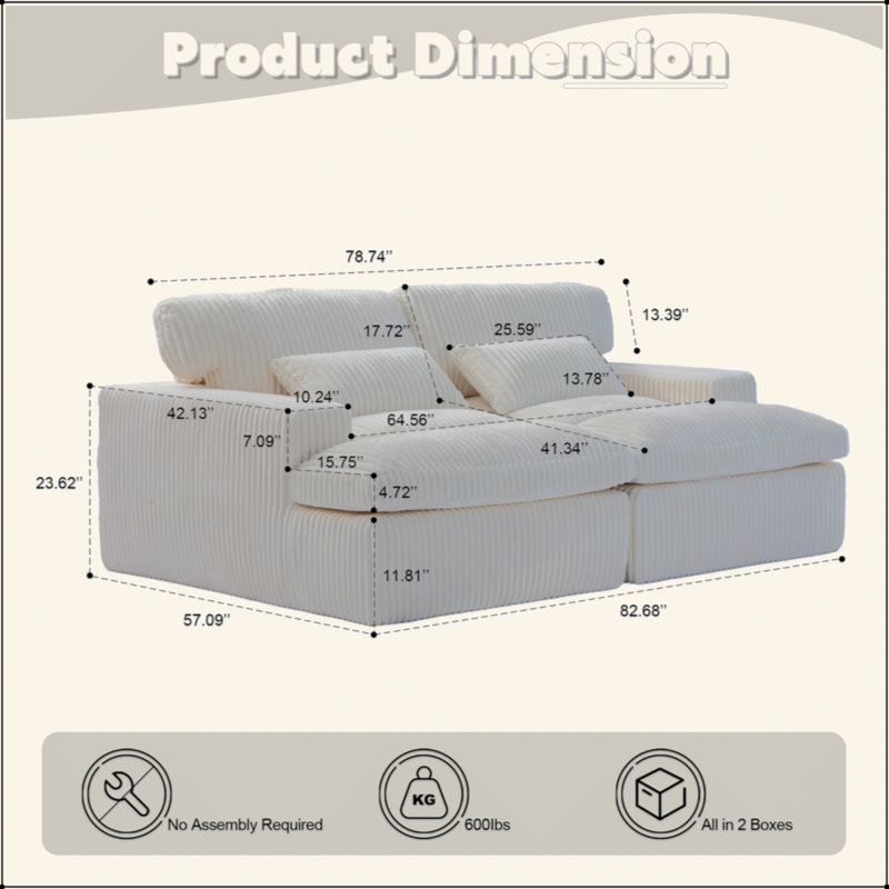 Double méridienne intérieure, canapé-lit rembourré surdimensionné pour l'intérieur, canapé-lit luxueux à assise profonde, causeuse modulaire, causeuse en velours côtelé pour le salon, aucun assemblage requis
